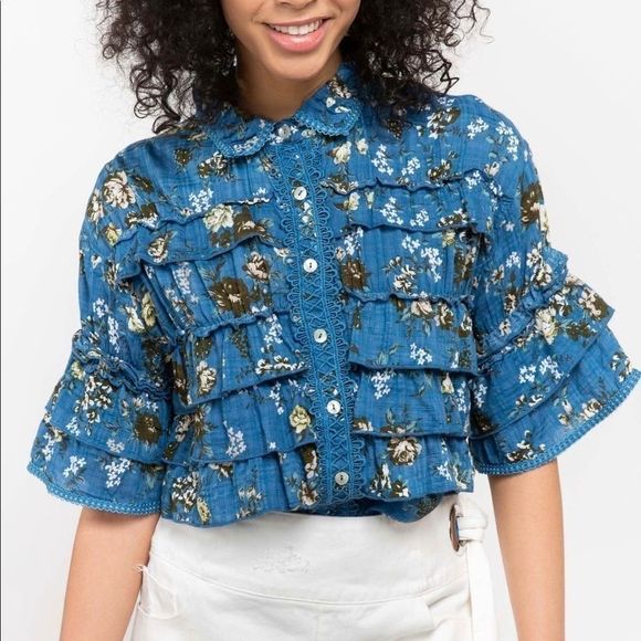 Blue cottagecore ruffle button down mid sleeve top - Picture 2 of 8